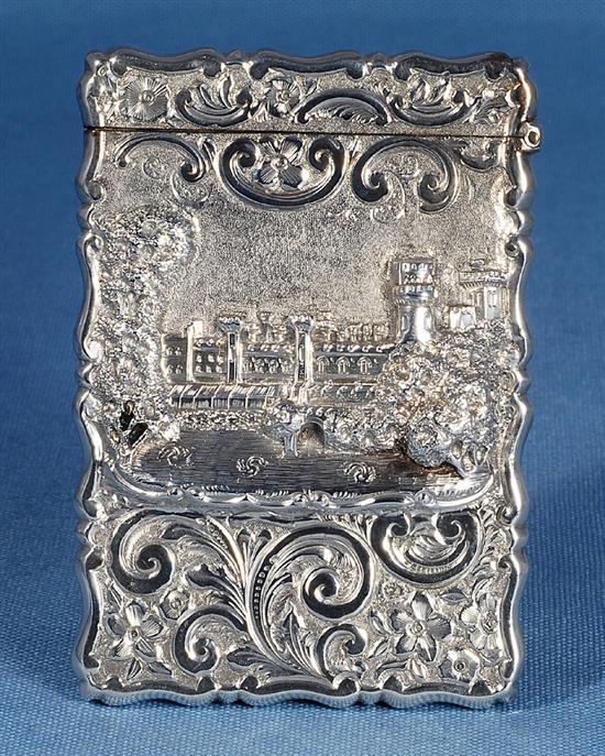 An early Victorian silver Castle top card case of Warwick castle in high relief, by George Unite, height 97mm, width 68mm, weight 65